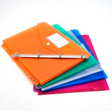 Imagem de Pacote com 5 pastas de arquivos de documentos de envelopes de plástico transparente com fichário recarregável, tamanho A4, com bolso para etiqueta e botão de pressão (multicolorido)