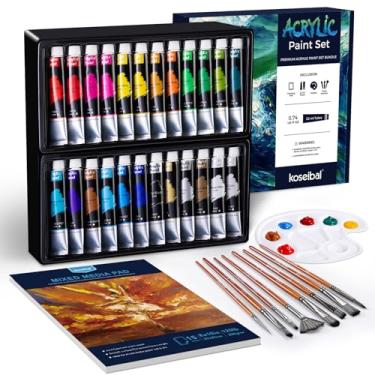 Imagem de koseibal Conjunto de tinta acrílica - Kit de materiais de pintura artística para crianças e adultos com tintas acrílicas de 24 x 22 ml, 8 pincéis, 1 bloco de pintura e paleta - Kit de pintura de