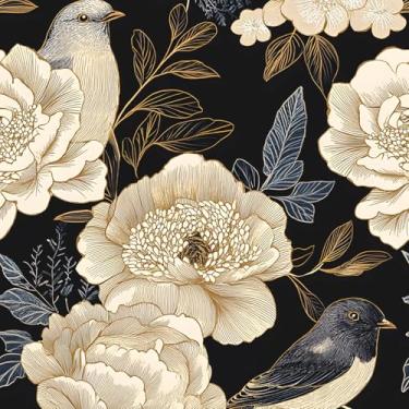 Imagem de Fvlow Papel de parede vintage preto escuro preto/dourado, papel de parede floral, pássaro, flor preta, peônia, papel de parede removível, papel de parede de folha marinha para armário de quarto 299,7