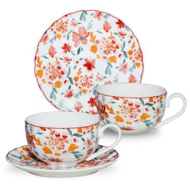 Imagem de KAITOER Conjunto de 2 xícaras de chá de café e pires (220 ml) caneca de café expresso de cerâmica com acabamento dourado floral de porcelana vintage padrão de flores para presentes, reuniões,