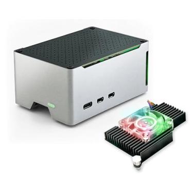 Imagem de ElectroCookie Capa para Raspberry Pi 5, estojo compacto de alumínio com ventilador de resfriamento ativo (prata)