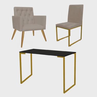 Imagem de Kit Escritório Stan Poltrona Capitonê com Cadeira e Mesa Industrial Preto Dourado Corino Bege - Ahz Móveis