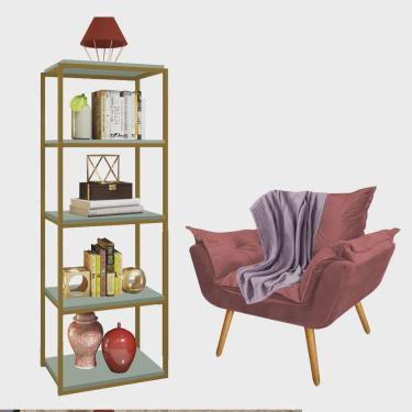 Imagem de Kit Poltrona Fatte com Manta Soft Lilás e Estante Livreiro Ferro Dourado mdf Verde Oliva Suede Rose Gold - Ahz Móveis