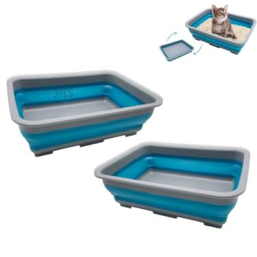 Imagem de Fhiny 2 peças caixa de areia aberta para gatos, panela de penico semi-fechada dobrável impermeável vaso sanitário de viagem entrada baixa para gatos internos pequenos animais de estimação gatinho