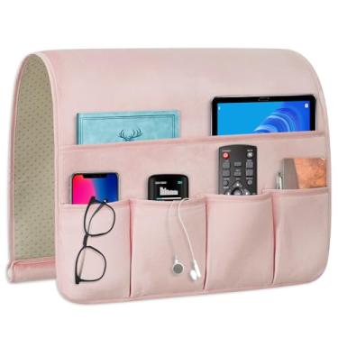 Imagem de WETRBWEH Suporte de controle remoto para poltrona, organizador de sofá para TV e controle remoto para armazenamento de cama, 5 bolsos, organizador de mesa de cabeceira (rosa, 99 x 45 cm)
