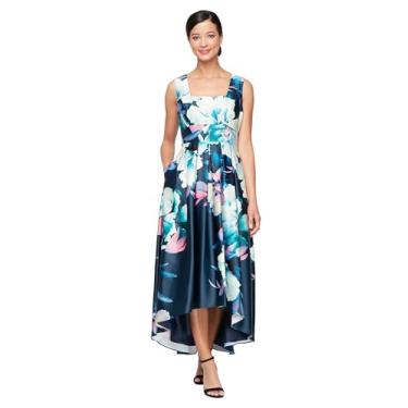 Imagem de S.L. Fashions Vestido feminino floral alto baixo com bolsos e corpete elástico, vestido de convidada de casamento (tamanho pequeno e regular), Gola multiquadrada azul-marinho, 44