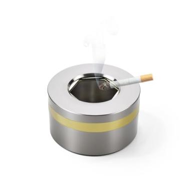 Imagem de VibeNest Cinzeiro sem fumaça de aço inoxidável à prova de vento com tampa – Design coberto com interruptor rotativo para uso doméstico, escritório, exterior e carro (short fosco prateado)