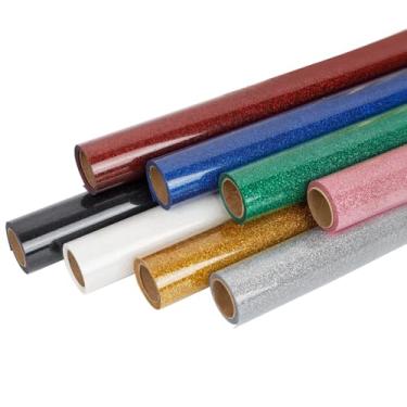 Imagem de FUNKAKA Pacote de vinil HTV de transferência de calor com glitter, 8 rolos de 30,5 cm x 1,5 m de ferro em vinil para camiseta, 8 cores sortidas, glitter, vinil HTV para todas as máquinas de cortar