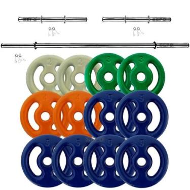 Imagem de Kit com 48kg em Anilhas Emborrachadas + 2 Barras Tubo 40cm + 1 Barra T
