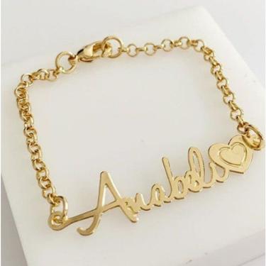 Imagem de Pulseira Infantil Manuscrito Coração Nome Banho De Ouro Princesa