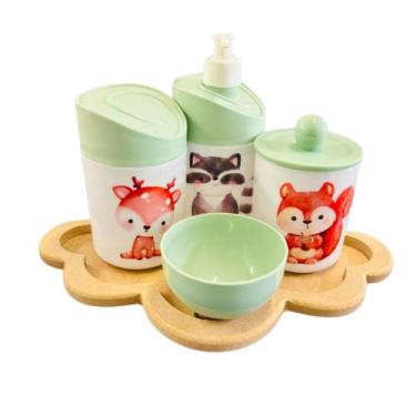 Imagem de Kit Higiene Bebê Floresta Encantada c/bandeja MDF - Menino e Menina - 