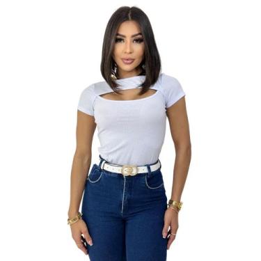 Imagem de Blusa Feminina Decote Busto Canelada Manga Curta  - Adamas, Branco, M