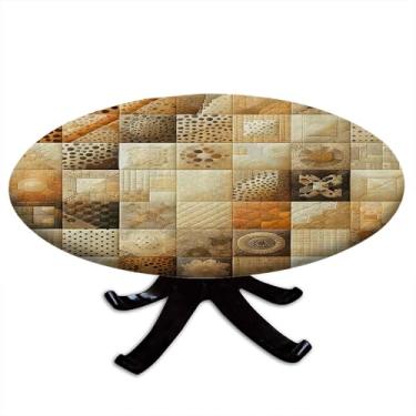 Imagem de VBTGVE Toalha de mesa redonda marrom, paleta de cores sépia, quadrados de pontos abstratos, motivos boêmios, patchwork, adequada para festas de cozinha de restaurante, adequada para mesa de 122 cm,