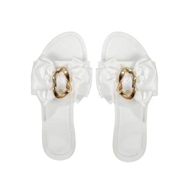Imagem de GORGLITTER Sandália feminina rasteira com laço de metal elegante bico aberto sem cadarço para férias, Branco, 39