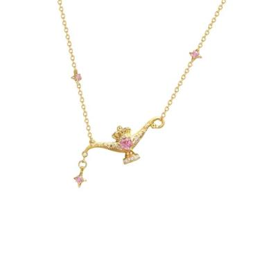 Imagem de Good Luck Aladdin Magic Genie Lamp Colar com pingente de strass rosa para mulheres, bule de chá clássico delicado CZ Charm Legend Wishing Gargantilha ajustável, corrente de clavícula, presente de