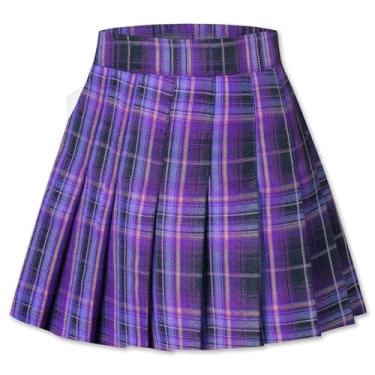 Imagem de SANGTREE Saia plissada feminina feminina, saia uniforme de cintura elástica plus size, 2 anos - EUA 4GG, Pingente xadrez roxo, 11 Years