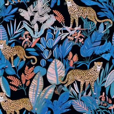 Imagem de XRUIBZI Papel de parede leopardo papel de parede de animal da selva folha azul papel de contato tropical para armário impermeável autoadesivo rosa papel de parede para cozinha bancada parede 44,5 cm x