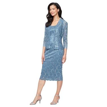 Imagem de S.L. Fashions Vestido feminino de renda com lantejoulas comprimento chá para ocasiões especiais com manga ilusão (tamanho pequeno e regular), Oceano, 42