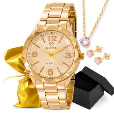 Imagem de Kit Relógio de Pulso Feminino Eura Dourado Original com Colar e Brinco