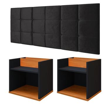 Imagem de Kit 2 Mesas Suspensa Madri Nicho Aparador Lateral Cabeceira Bia 1,60 Painel Cama Box Queen Size Suede Quarto - Preto/Cinamomo