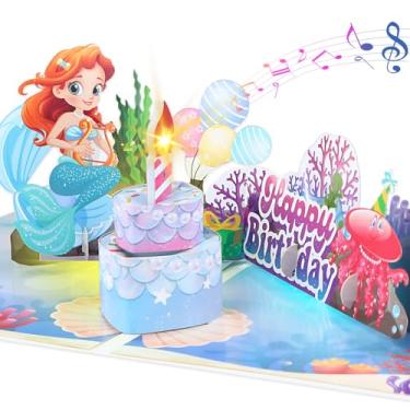 Imagem de D24TIME Cartão de aniversário musical para menina - Cartão de aniversário pop-up de sereia com música e luzes com vela soprável, cartão de feliz aniversário 3D para filha, neta