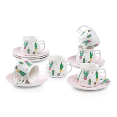 Imagem de GuangYang Xícaras de porcelana para café expresso com pires – 74 ml – Conjunto de 6, padrão de cacto para 6 – 13 anos
