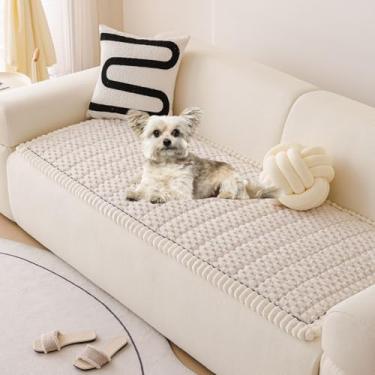 Imagem de vctops Capa de sofá de pele sintética branca para cães, lavável, felpuda para sofá de 3 almofadas, capa de sofá antiderrapante (creme, 71 x 150 cm)