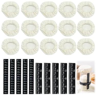 Imagem de TNJPSEK Conjunto de 25 panos de cobertura de pote de fermento para iniciantes, capas de linho respiráveis com ajuste elástico para pote de massa fermentada de 7,6 a 10 cm, tiras de rastreador de