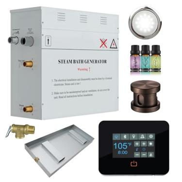 Imagem de Gerador de banho a vapor de 4,5 kW da série Contractors com vapor contínuo de início rápido, touch pad digital preto, dreno automático, bandeja de drenagem, luz LED branca e cabeça de vapor aromática