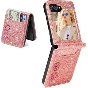 Imagem de Kruysozz Capa para Galaxy Z Flip 6 & Z Flip 5, capa carteira de couro brilhante à prova de choque com suporte para cartão meninas mulheres capa protetora para Samsung Galaxy Z Flip6 e Z Flip5 (ouro