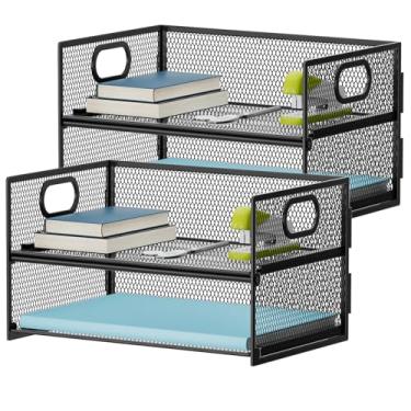 Imagem de Marbrasse Bandeja organizadora de papel de 2 camadas, organizador de arquivos de malha com alça, organizador de mesa para material de escritório doméstico - 2P