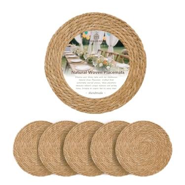 Imagem de Jogo americano redondo de tecido, conjunto de 6, tapetes de vime natural de 33 cm, jogo americano trançado de juta boho para uso ao ar livre, tapetes de mesa de vime, carregadores para pratos de