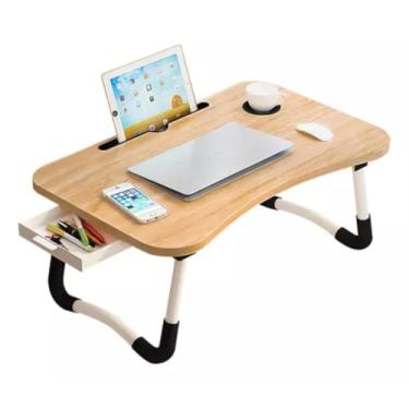 Imagem de Mesa Portátil Dobrável Com Gaveta Para Notebook Home Office Estudo Refeição Cama Com Porta Copo MDF(Madeira)