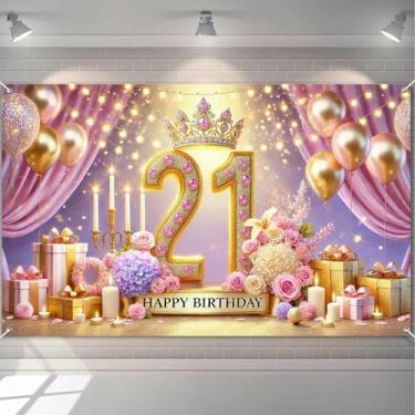 Imagem de HOMETITUTE Decoração de fundo de feliz aniversário de 21 anos para meninas, faixa de fundo de coroa de festa de princesa com balões, flores e velas, faixa de aniversário, fundo para fotografia de