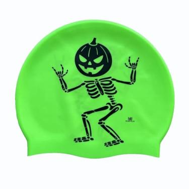 Imagem de BONDYUEN Touca de natação para crianças, meninos, meninas, homens, mulheres, com cabelo curto ou médio, estampas divertidas de design fofo, bonés de natação de silicone (abóbora verde)