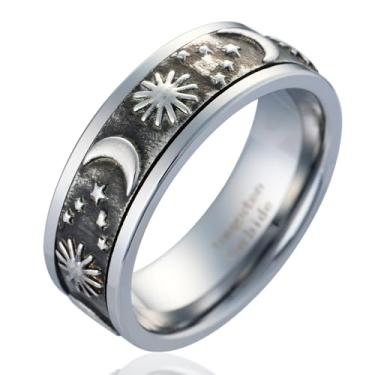Imagem de 100S JEWELRY Aliança de casamento masculina com tema celestial envelhecido com tema celestial prata lua estrelas sol giratório tamanho 6-16, Metal, Sem pedra preciosa