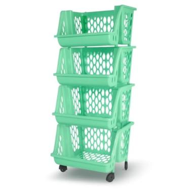 Imagem de Organizador Multiuso Cesto de Plástico c Rodinhas 2, 3 ou 4 andares Empilhável (Quadruplo Verde)