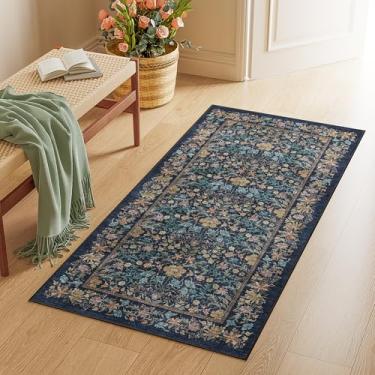 Imagem de DUKINO Tapete de 5 x 10 cm para entrada, tapete de corredor lavável leve com suporte antiderrapante, tapete pequeno floral vintage para cozinha, corredor, entrada, banheiro, quarto, azul escuro