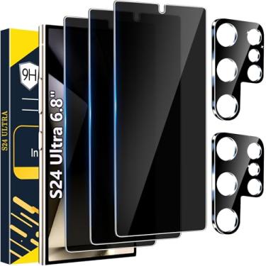 Imagem de [Pacote com 2 + 2] Película protetora de tela ultra privacidade para Galaxy S24, vidro temperado 9H, suporte ultrassônico para impressão digital, curvo 3D, película antiespião transparente HD para