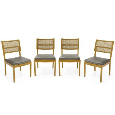 Imagem de Kit Com 4 Cadeiras Milena Madeira Maciça Assentos Estofados Encostos De Tela Palha Sextavada
