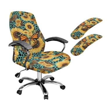 Imagem de SAJJWHHR Capa de cadeira de computador com estampa de leopardo e borboleta de girassol, conjunto de capa de cadeira de escritório extensível, acessórios para cadeiras de escritório antipoeira