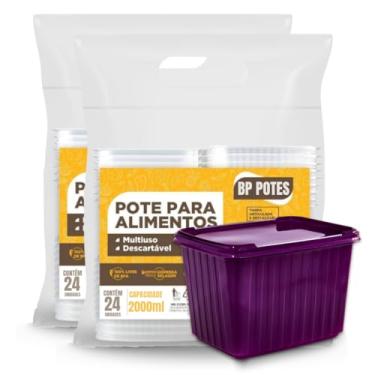 Imagem de Pote Descartável 2000ml Retangular Com Tampa Freezer Microondas Sorvete Açai Bolo Marmita (Roxo, 48 Unidades)