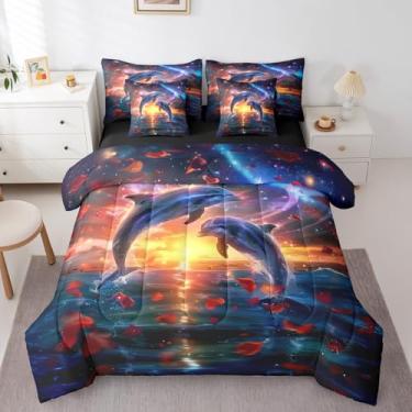 Imagem de Erosebridal Jogo de cama de casal golfinho, solteiro, golfinho, 7 peças, para crianças, meninos e meninas, cama rosa romântica em uma bolsa, pôr do sol e oceano, jogo de cama reversível com lençol e