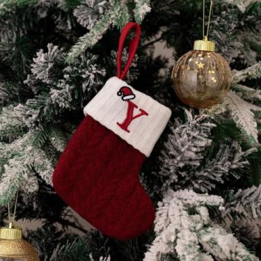 Imagem de Mini monograma de tricô fofo de 17,78 cm bordado meia de Natal personalizada inicial férias em família decorações de festa de Natal decoração de lareira para pendurar