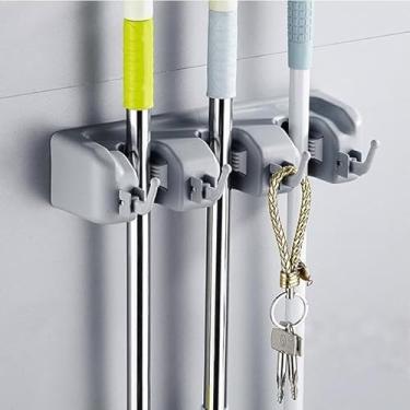 Imagem de Suporte de vassoura de parede para esfregão e vassoura, ferramenta de jardim para pendurar na parede e organizador de banheiro, armazenamento de garagem, rack de cozinha (cinza, broca de parede/pregos