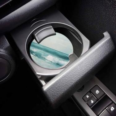 Imagem de Conjunto de 2 porta-copos de carro turquesa ondas do oceano, porta-copos de pedra de cerâmica absorvente náutica com entalhe de dedo para facilitar a remoção do porta-copos automotivo