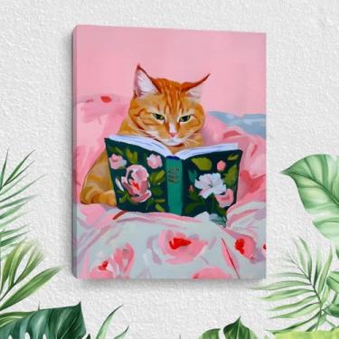 Imagem de Pôster moderno de gato laranja bonito minimalista flores rosa arte de parede emoldurado animal de estimação gato engraçado engraçado está lendo impressões pintura para casa quarto dormitório sala de