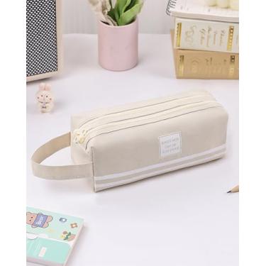 Imagem de Estojo de lápis de camada dupla off-white, bolsa de papelaria de tecido durável para material de escritório