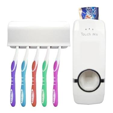 Imagem de Dispenser Automático de Pasta de Dente com Suporte para 5 Escovas, Branco, Plástico, Montagem na Parede com Adesivo, Sem Pilhas