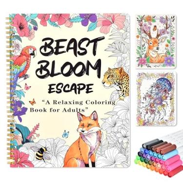 Imagem de Conjunto de livros de colorir para adultos com 36 marcadores, livro de colorir para alívio de estresse encadernado em espiral, 32 desenhos de animais e florais para adultos 002